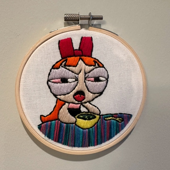 PowerPuff Girls Cartoon Disgusted Blossom with Soup Finished Embroidery Art - Picture 1 of 1